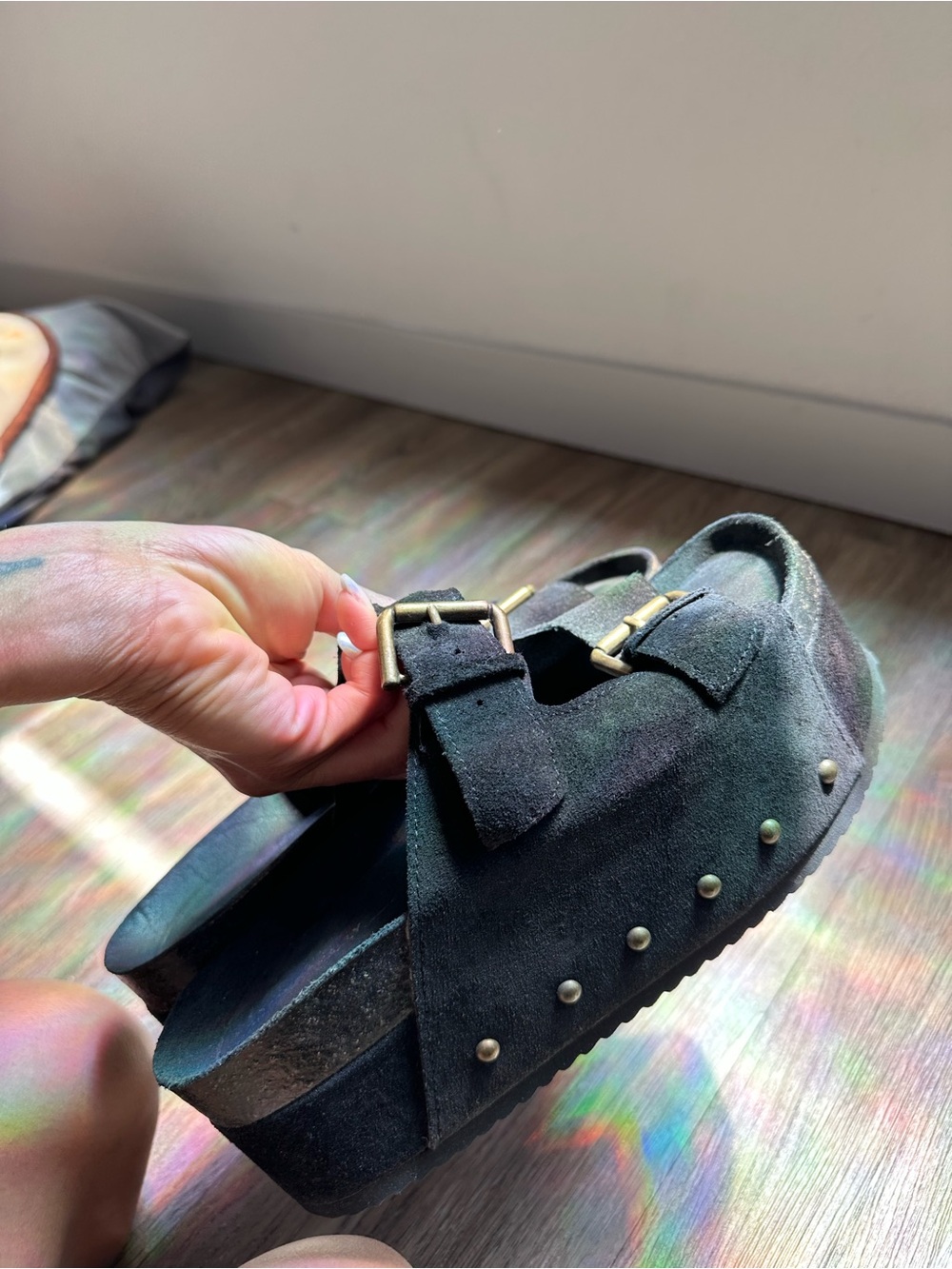 INTENTIONALLY BLANK Black Suede Double Buckle Platform Sandals - Picture 4 of 8